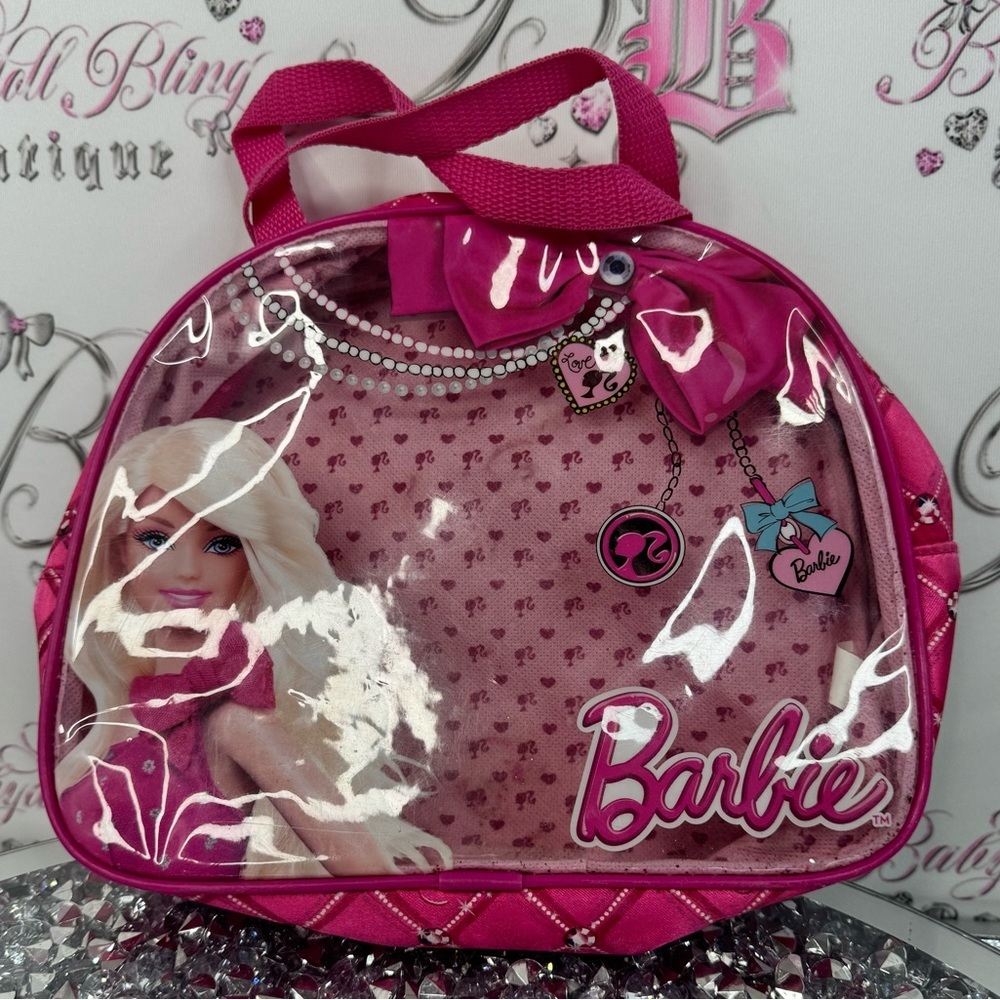 Barbie bag clear mini charm details blonde zip up Glam Pink Cosmetic Bag